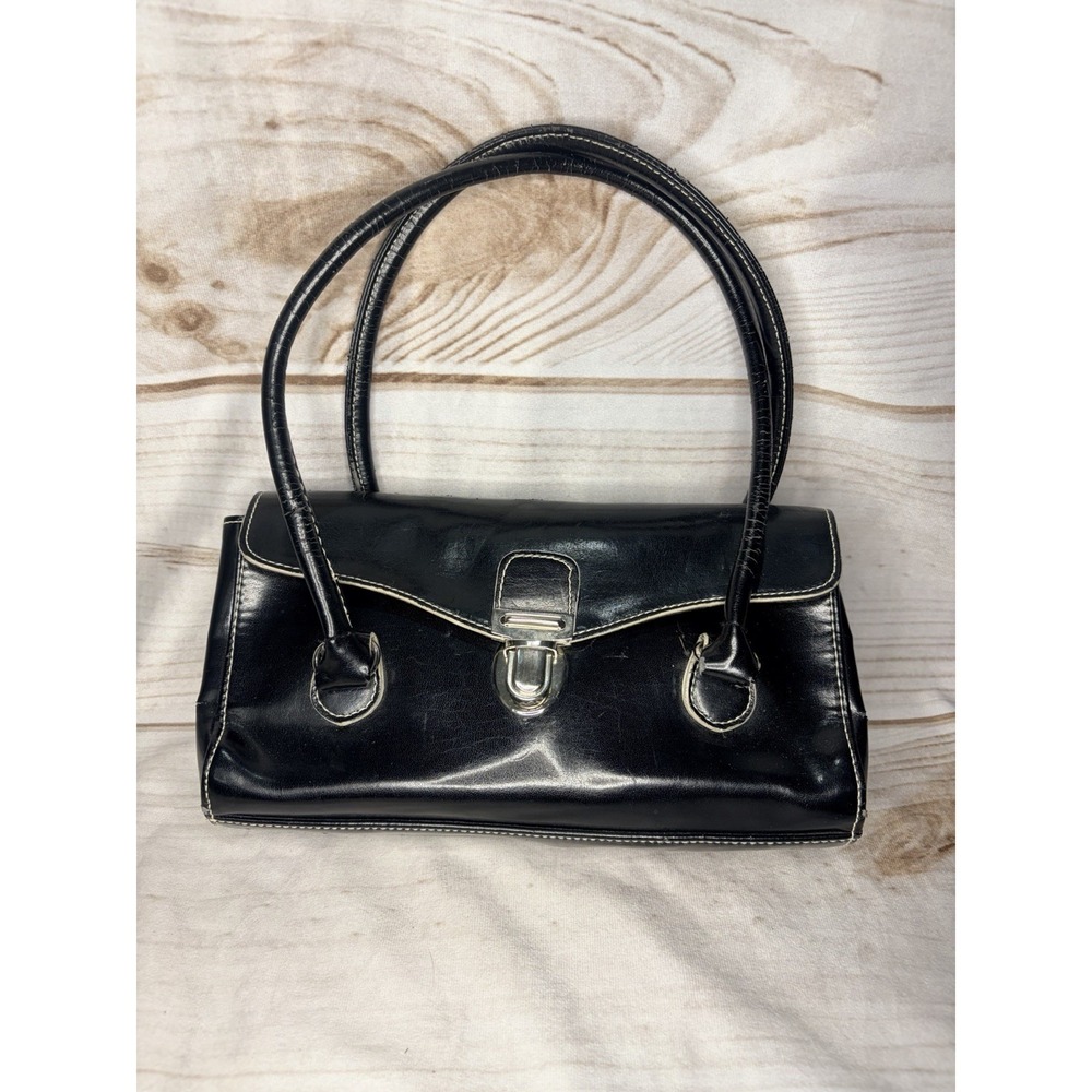 Y2K Black Vinyl Baguette Shoulder Bag Silver Turn Lock White Trim Purse